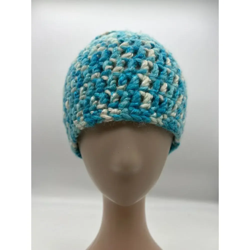 Crochet Blue White Glitter Shimmer Woven‎ Beanie Cap Hat Winter Hat X-Small